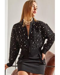 Bianco Lucci - Pearl Embellished Zip-Up Crop Cardigan - Lyst