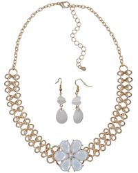 Steuer - Modeschmuck Kette Ohrhänger Metall Gelb Glänzend Blume Glasstein Weiß - Lyst