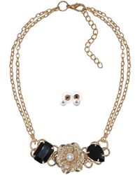 Steuer - Modeschmuck Kette Ohrstecker Metall Glänzend Vergoldet Gelb Glasstein Schwarz Perle - Lyst
