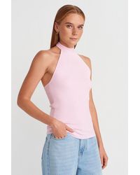 Dilvin - Geribbelde Halterneck Slim-Fit Blouse - Lyst