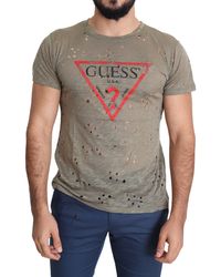 Guess - Bruine Katoen Stretch Logo Print Casual Geperforeerde T-shirt - Lyst