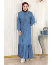 Moda Mihram - Geknöpftes Jeanskleid Mit Spitzentaille - Lyst
