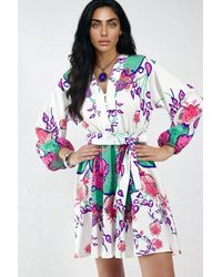 Msn-Collection - Floral V-Neck A-Line Mini Dress With Belt - Lyst