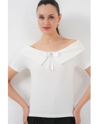 Bigdart - Boat Neck Ribbed Blouse With Bow - Lyst