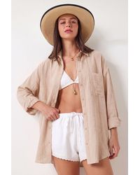 Happiness İstanbul - Oversized Textured Cotton Shirt With Pocket - Lyst