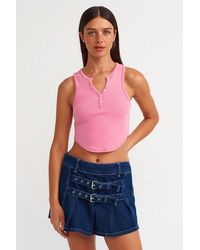 Dilvin - Geribbelde Crop Blouse Met Knopen - Lyst
