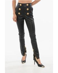 Balmain - Skinny Leren Broek Met Hoge Taille En Decoratieve Knopen In Zwart - Lyst