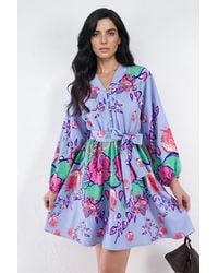 Msn-Collection - Floral V-Neck A-Line Mini Dress With Belt - Lyst