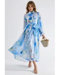Msn-Collection - Abstract Pattern Maxi Shirt Dress With Belt - Lyst