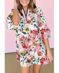 Azura Exchange - Bloemige V-hals Midi Jurk Met 3/4 Mouwen - Lyst