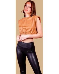 dressesie Brown Faux Leather Crop Top With Shoulder Pads - Multicolor