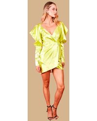 EmmaCloth Lime Crossover Puff Sleeve Dress - Yellow