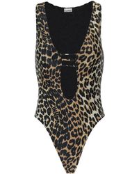 Ganni - Leopard-print Cut-out Swimsuit - Lyst
