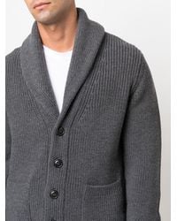 Drumohr - Cardigan Gris Tricot Merinos Laine A Cote Anglais Avec Col Châle - Lyst