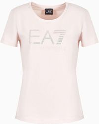 EA7 - Logo Series T-shirt Aus Baumwollstretch Mit Strass-logo - Lyst