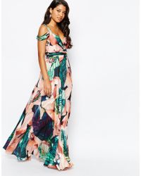 Forever Unique Sweetheart Maxi Dress With Could Shoulder - Floral Print - Blue