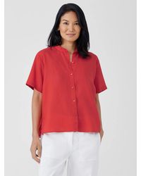 Eileen Fisher - Organic Handkerchief Linen Band Collar Short-sleeve Shirt - Lyst