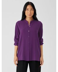 Eileen Fisher - Silk Georgette Crepe Mandarin Collar Shirt - Lyst