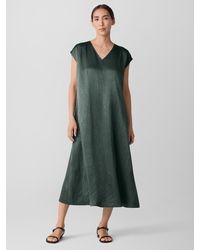 Eileen Fisher - Textured Satin V-neck Dress - Lyst