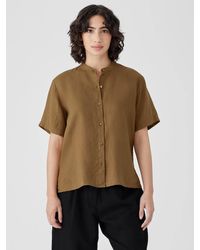 Eileen Fisher - Organic Handkerchief Linen Band Collar Short-sleeve Shirt - Lyst