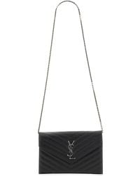 Saint Laurent - Quilted Textured Leather Monogram Wallet With Chain - Lyst