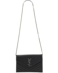 Saint Laurent - Quilted Textured Leather Monogram Wallet With Chain - Lyst
