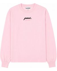 Ganni - T-Shirt A Manica Lunga Con Logo E Stampa - Lyst