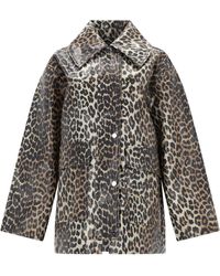 Ganni - Leopard Laminated Cotton Jacket - Lyst