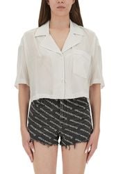 T By Alexander Wang - Cropped Striped Shirt With Embroidered Logo - Lyst