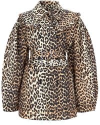 Ganni - Short Duchesse Trench Coat With Animal Print - Lyst