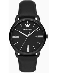 Emporio Armani - Three-hand Date Black Leather Watch - Lyst