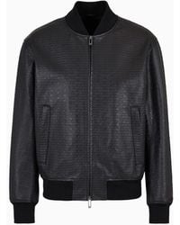 Emporio Armani - Blouson In Vegetable-tanned Lamb Nappa Leather With All-over Lettering Print - Lyst