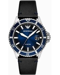 Emporio Armani - Three-hand Date Black Leather Watch - Lyst