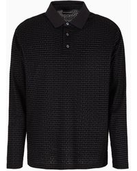 Emporio Armani - Asv Lyocell-blend Jersey Long-sleeved Polo Shirt With All-over Flock Logo Lettering - Lyst