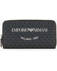 Emporio Armani - Zip-Around Wallet With All-Over Eagle And Milano 1981 Logo Print - Lyst