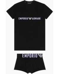 Emporio Armani - Conjunto De Camiseta Interior De Estar Por Casa Y Calzoncillo Bóxer De Algodón Orgánico Con Logotipo Grande Asv - Lyst