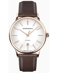 Emporio Armani - Swiss Made Automatic Brown Leather Watch - Lyst