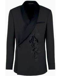 Emporio Armani - Shawl-collar Jacket With A Wrap Fastening In A Compact Virgin-wool Gabardine With Ginkgo Embroidery And Cut-outs - Lyst