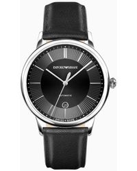 Emporio Armani - Swiss Made Automatic Black Leather Watch - Lyst
