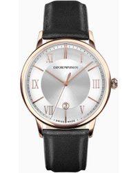 Emporio Armani - Swiss Made Three-hand Date Black Leather Watch - Lyst