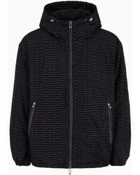 Emporio Armani - Hooded Jacket In Crinkled Nylon With All-over Flocked Logo Lettering - Lyst