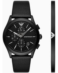 Emporio Armani - Chronograph Black Leather Watch And Bracelet Set - Lyst
