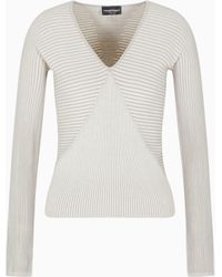 Emporio Armani - Jersey Con Cuello De Pico Y Detalles Eslabón A Rayas - Lyst