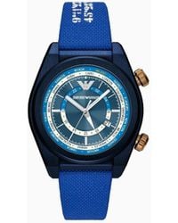 Emporio Armani - Dual Time Blue Textile Watch - Lyst