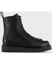 Emporio Armani Lace-up Ankle Boots With Tumbled-leather Print - Black