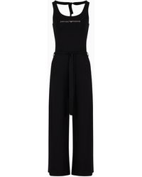 Emporio Armani - Stretch-viscose Beachwear Jumpsuit With Micro-studded Logo And Sash - Lyst