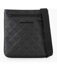 Emporio Armani - Flat Leather Shoulder Bag With All-Over Embossed Eagle - Lyst