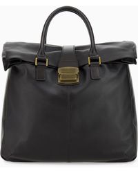 Emporio Armani - Leather Tote Bag With Top Handles And Buckle Closure - Lyst