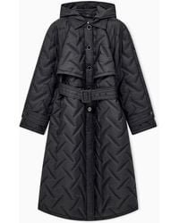 Emporio Armani - Long Quilted Light Nylon Coat With A Hood And Belt - Lyst