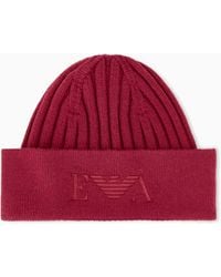 Emporio Armani - Ribbed Virgin Wool Beanie With A Folded Cuff And Embroidery - Lyst